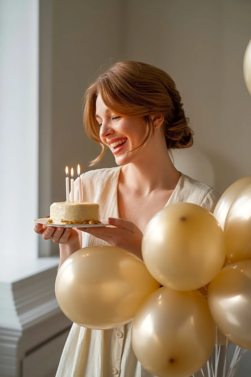Stylish birthday photoshoot setup with a woman holding a cake, soft neutral balloons, and warm natural lighting.