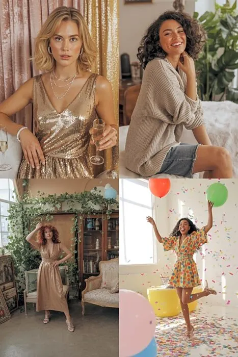 Birthday photoshoot theme ideas showing glam, casual, and playful setups with coordinated outfits and decor.