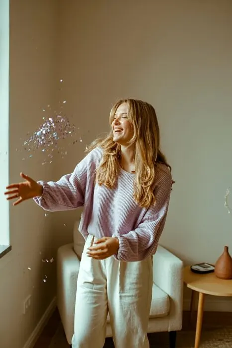 Woman tossing neutral confetti during an indoor birthday photoshoot.