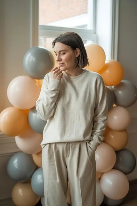 Woman posing in front of a DIY balloon backdrop at home.