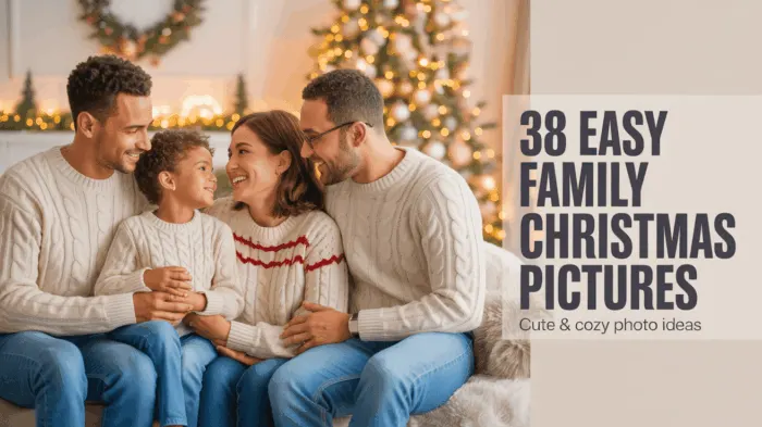 Family Christmas pictures at home featuring a cozy indoor holiday setup with a family of four in coordinated cream sweaters sitting together in front of a decorated Christmas tree, showing natural poses, warm lighting, and outfit ideas for cozy Christmas photos.