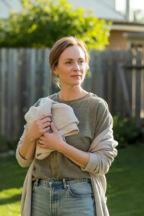 Woman in a neutral top and denim holding a sweater in a backyard while preparing outfits for family photos.