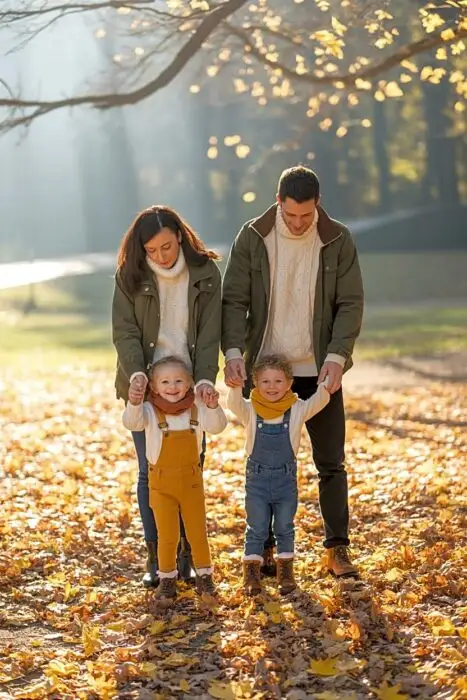 Family wearing coordinated fall outfits standing in a park with autumn leaves on the ground.