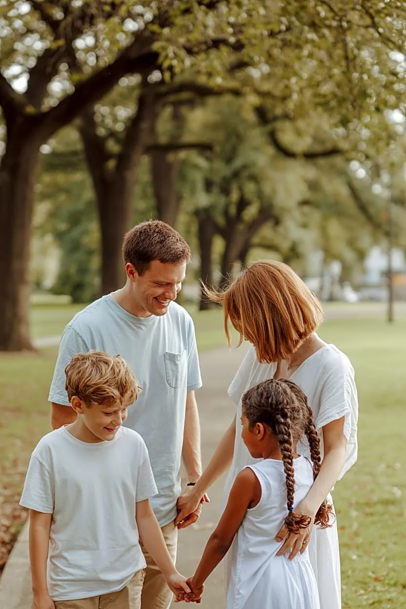 Family of four wearing coordinated neutral outfits standing together in a park with trees and grass in the background.
