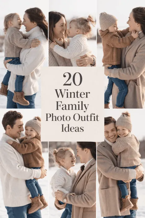 A vertical collage showing families with young children wearing coordinated family photo outfits winter in neutral tones. Parents and kids are dressed in cozy knit sweaters, jeans, boots, and knit hats while posing outdoors in winter. The image highlights casual, timeless winter family photo outfit ideas for outdoor and snowy settings.