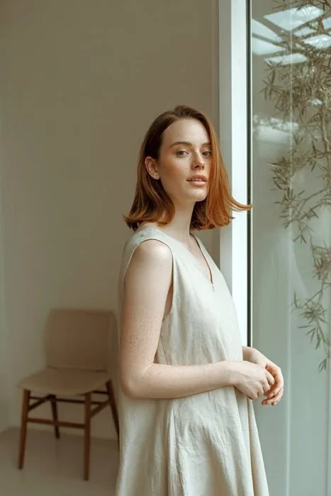 Woman posing indoors for a glam but natural birthday photoshoot.