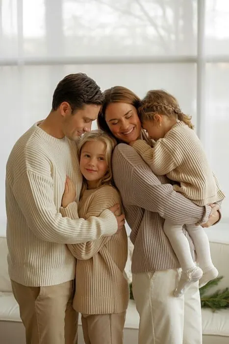 Christmas family photo showing coordinated neutral winter clothes in cream, beige and taupe with soft natural light and simple holiday d�cor
