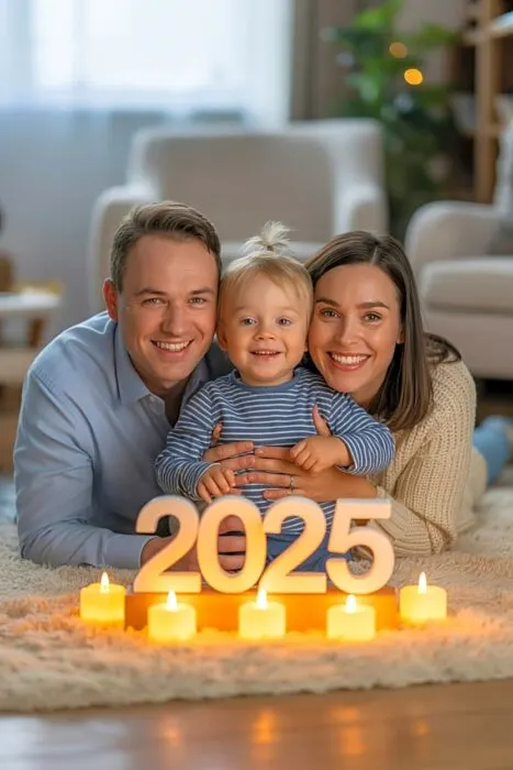 Family with toddler using safe props for a New Year photo.
