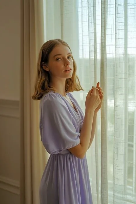 Woman in a flowing dress posing indoors for a princess-style birthday shoot.