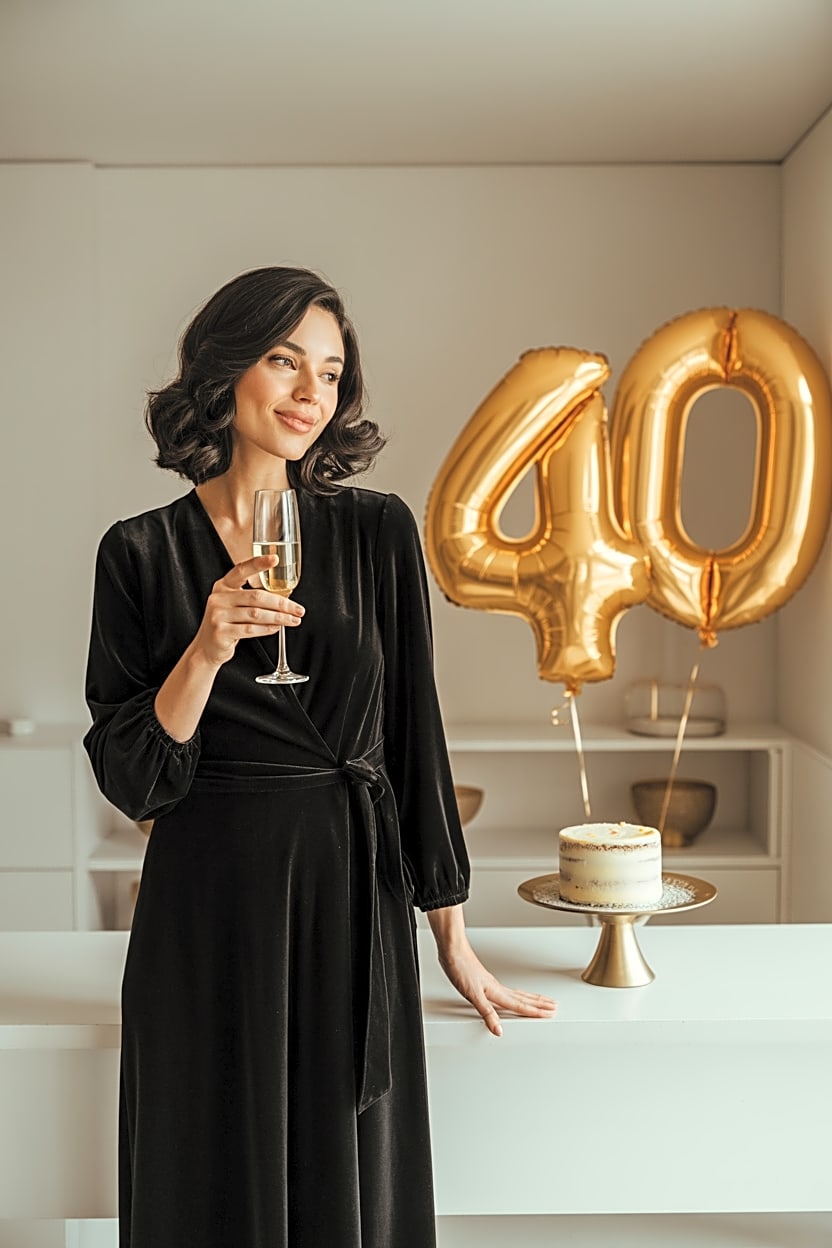confident woman in an elegant black dress with subtle gold birthday decor for a 40th birthday photo shoot.