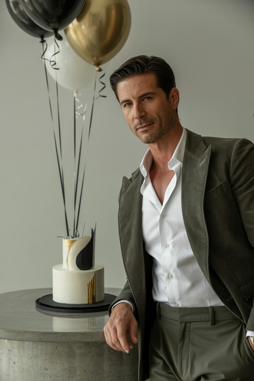 stylish man around 40 posing beside a minimalist cake and black-and-gold birthday setup