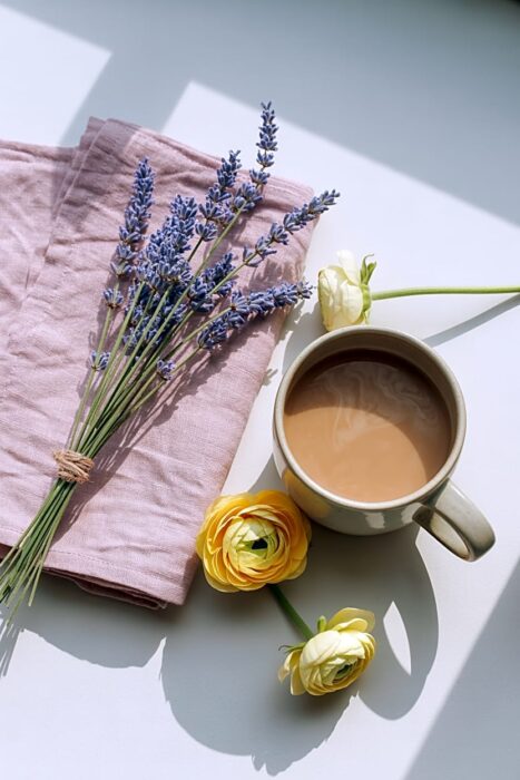 pastel spring flat lay with flowers and soft aesthetic tones