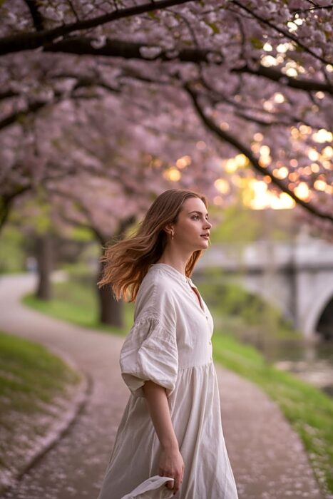 dreamy spring photography scene with woman under cherry blossoms in golden hour light