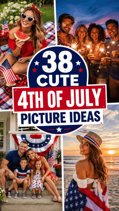 Pinterest pin collage showing cute 4th of July pictures ideas for Instagram, friends, family and beach photos