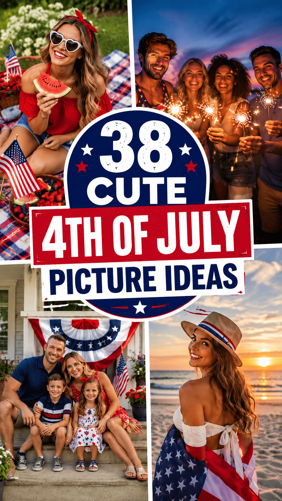 Pinterest pin collage showing cute 4th of July picture ideas for Instagram, friends, family and beach photos