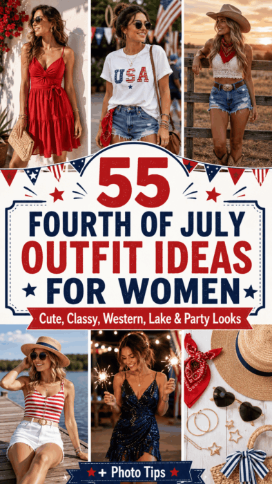 Pinterest pin for 55 Fourth of July outfits for women with cute, classy, western, lake and party looks