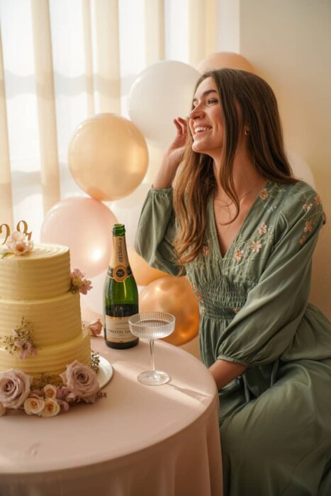 21st birthday photoshoot with cake champagne and elegant party setup