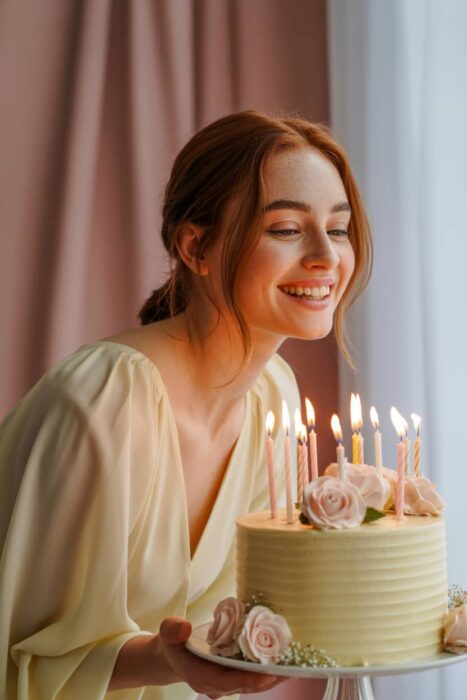 cute 21st birthday cake photoshoot with candles and soft lighting