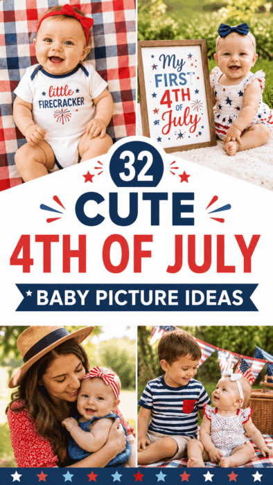 Pinterest pin collage with cute 4th of July baby picture ideas including outfits, family poses and picnic setups.