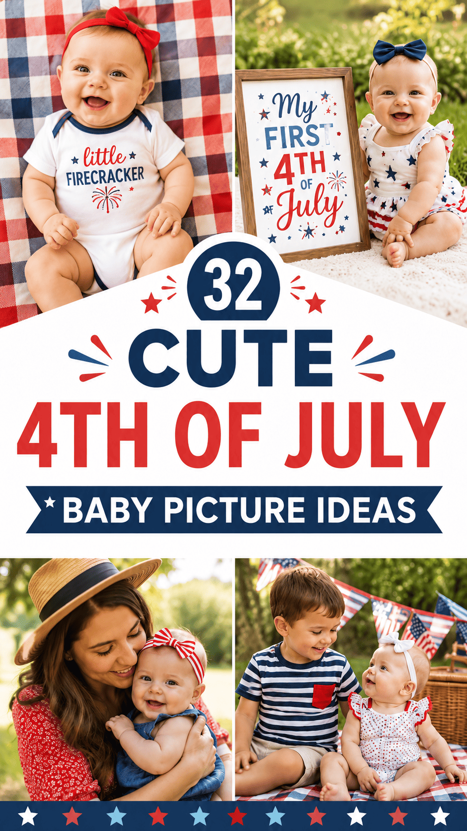 Pinterest pin collage with cute 4th of July baby picture ideas including outfits, family poses and picnic setups.