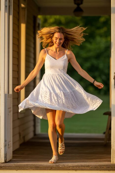woman in white eyelet midi dress mid-spin on wooden deck with golden afternoon light