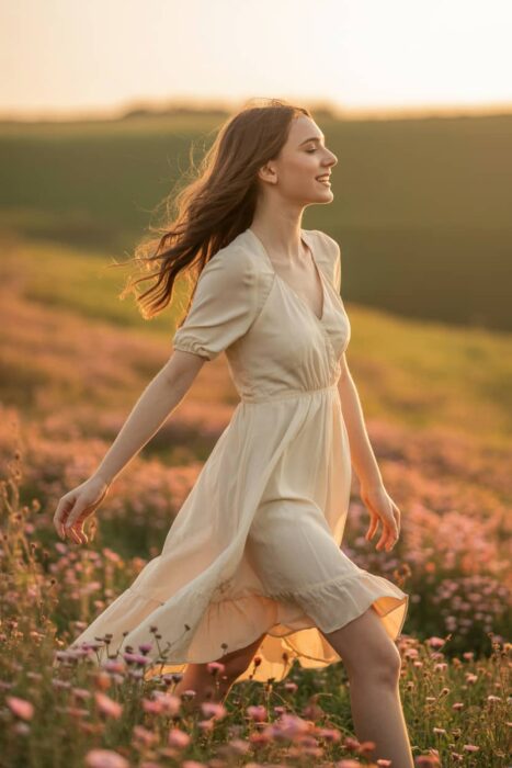outdoor golden hour 21st birthday photoshoot in a field with flowers