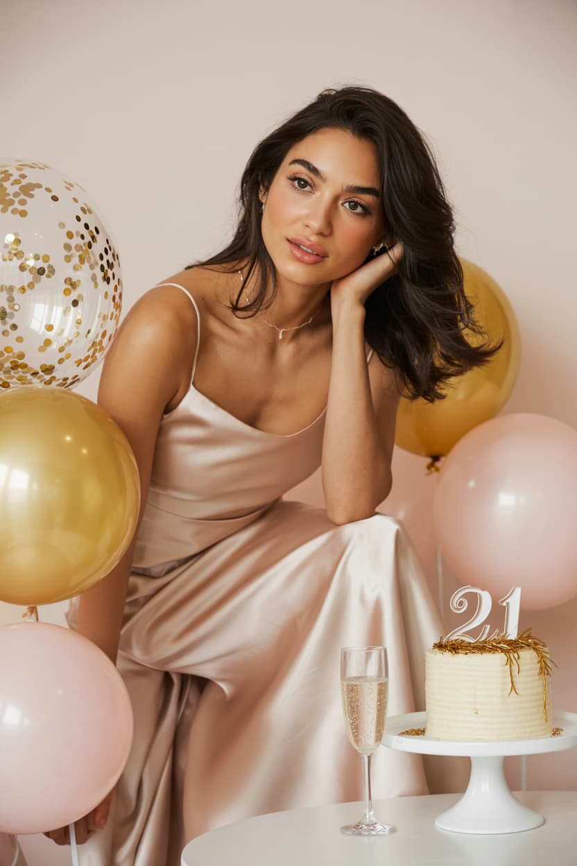 stylish birthday portrait with cake balloons champagne and flowers