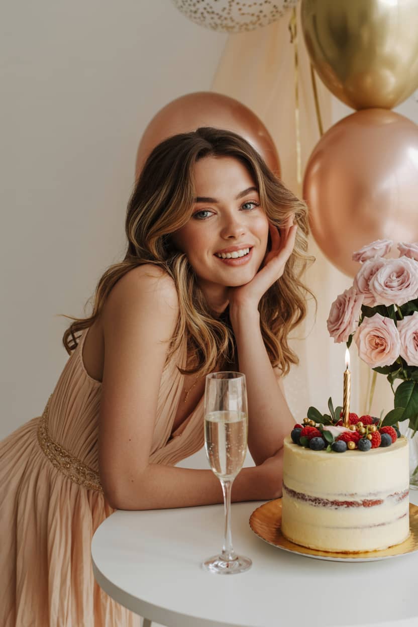 stylish 21st birthday photoshoot with cake champagne balloons and flowers