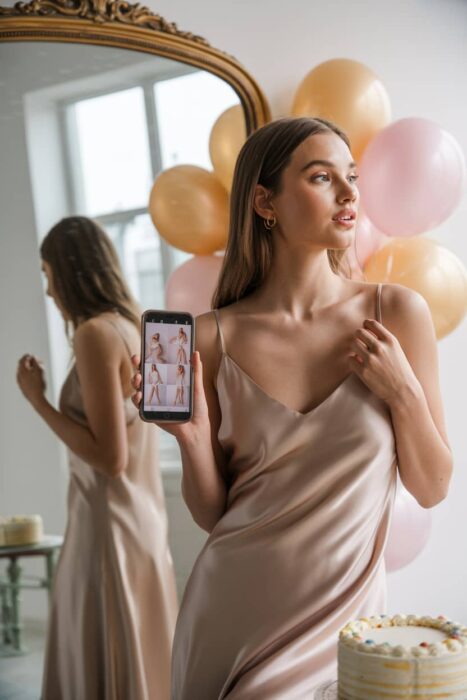 woman preparing pose ideas before a birthday photo session