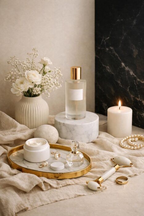 Aesthetic product photography scene with neutral tones, elegant props, and a minimal brand-style setup.