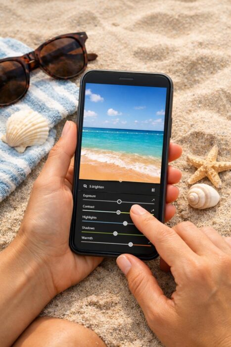 Editing a beach photo on a smartphone to straighten the horizon, lower highlights, and improve natural colors.