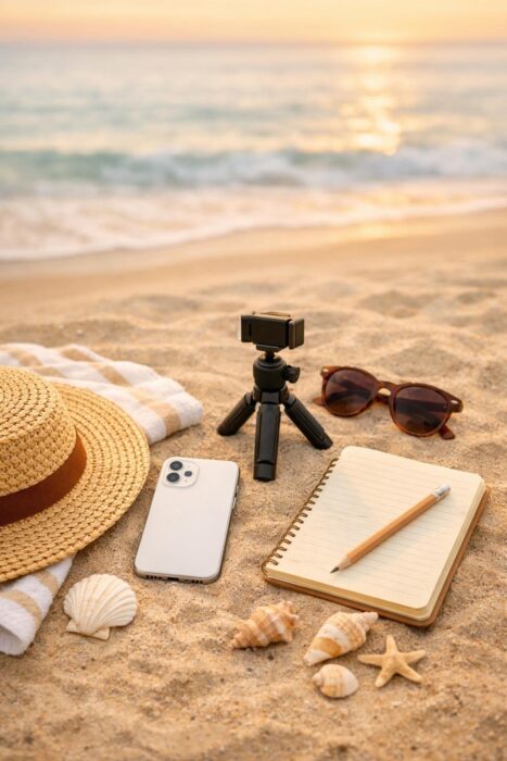 Beach photography FAQ visual with phone, tripod, sunglasses, hat, towel, and seashells on sand.