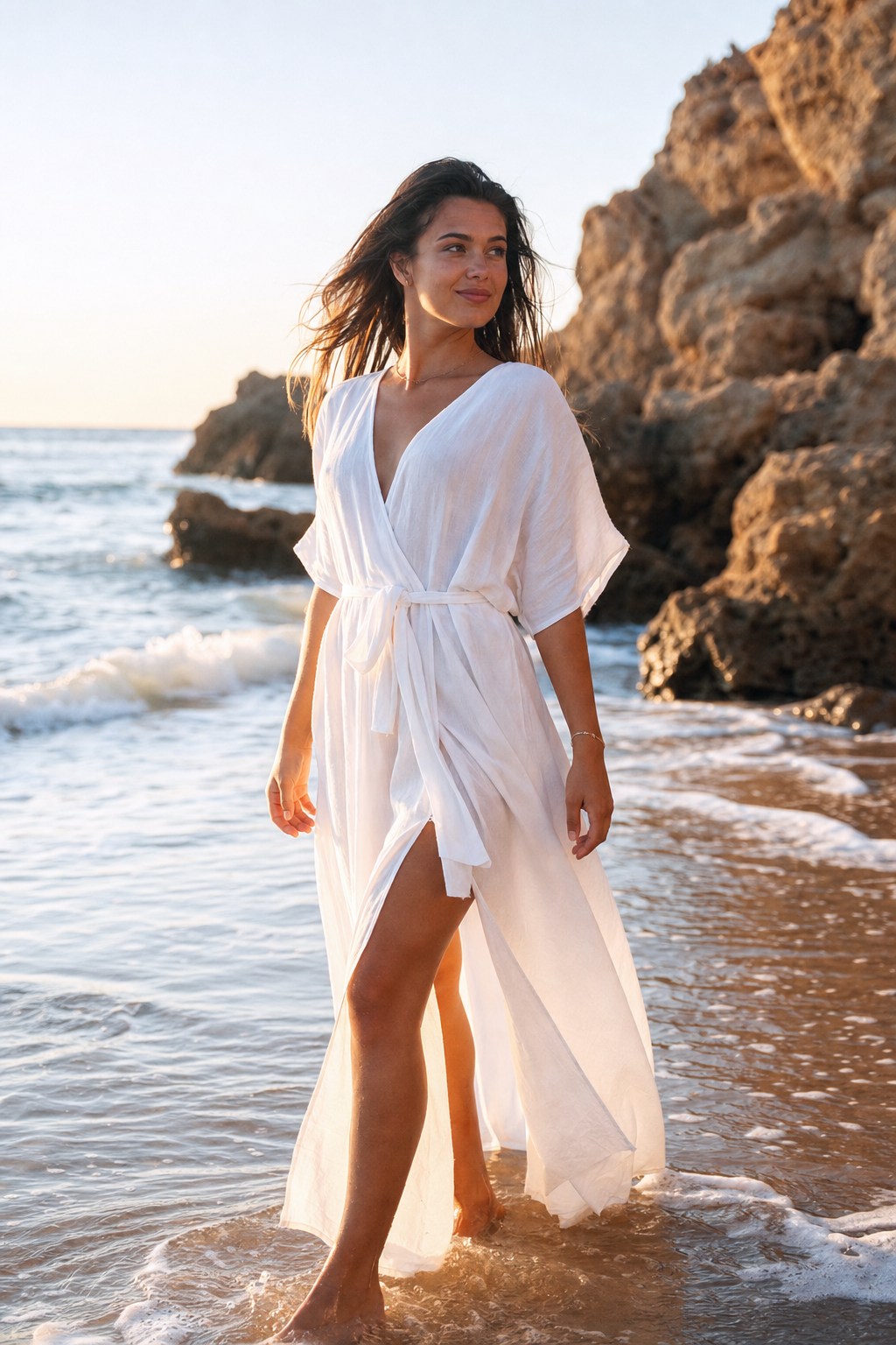 Woman in flowing white dress at the beach during golden hour for a 20th birthday photoshoot