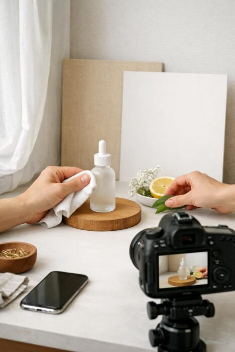 Styled at-home product photo workflow showing a clean product, soft light, props, and hands arranging a product shoot.