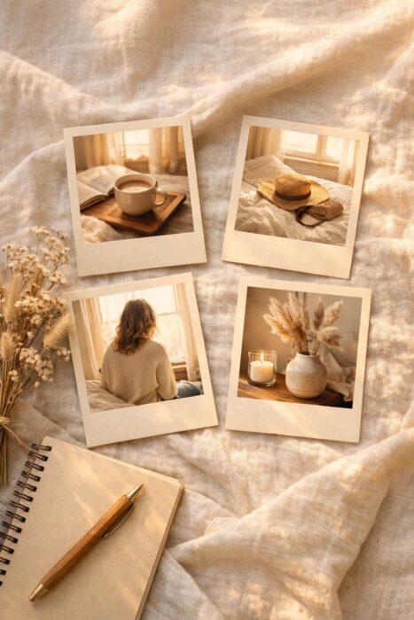 Beige aesthetic Polaroid-style frames with neutral photos, dried flowers, linen, and warm natural light.