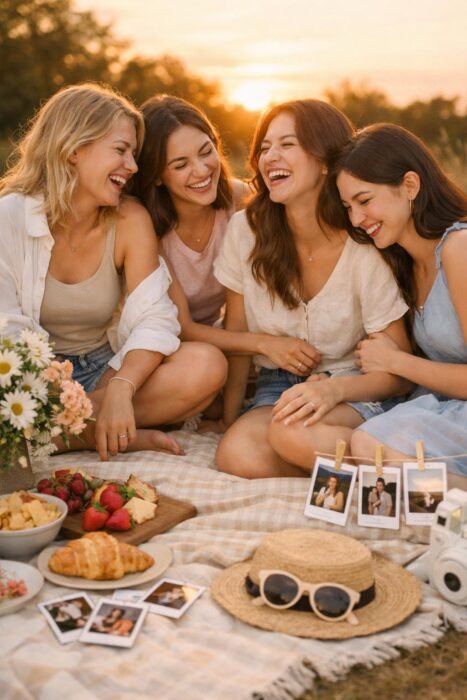 Friends laughing on a picnic blanket with snacks, flowers, sunglasses, and Polaroid pictures in golden hour light.