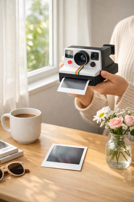 Polaroid photography tips setup with soft window light, simple background, flowers, coffee cup, and instant photo developing on a desk.