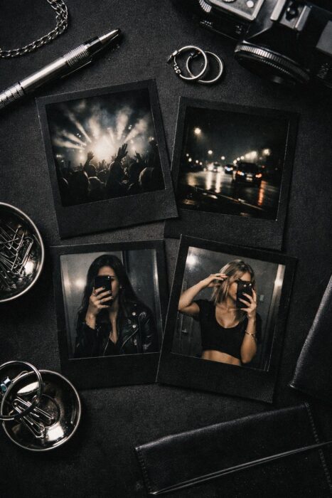 Black Polaroid-style frames with moody night photos, concert lighting, mirror selfies, and dark aesthetic styling.