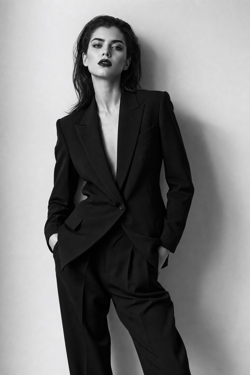 Black and white editorial portrait of a woman in a blazer for a glam 20th birthday photoshoot