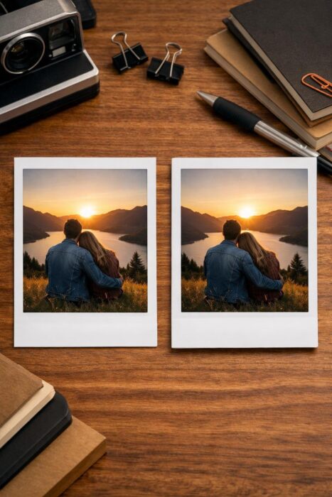 Instant-photo frame comparison showing why a thicker bottom border creates a more realistic Polaroid-style look.