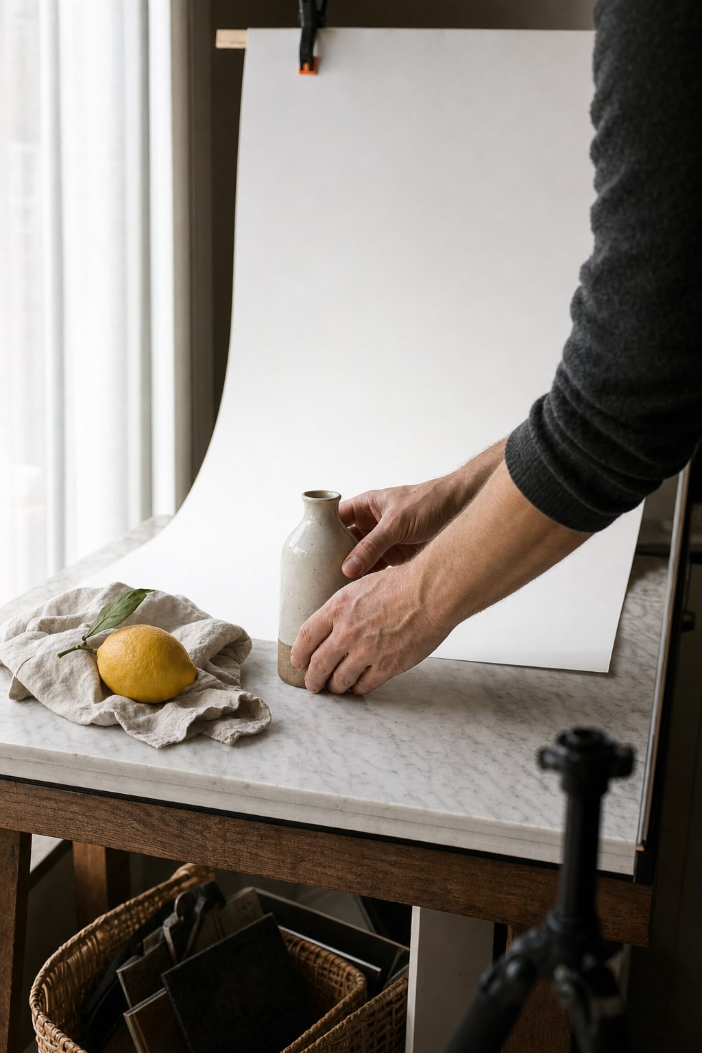 Hands arranging a tabletop still life scene with white card background and ceramic props