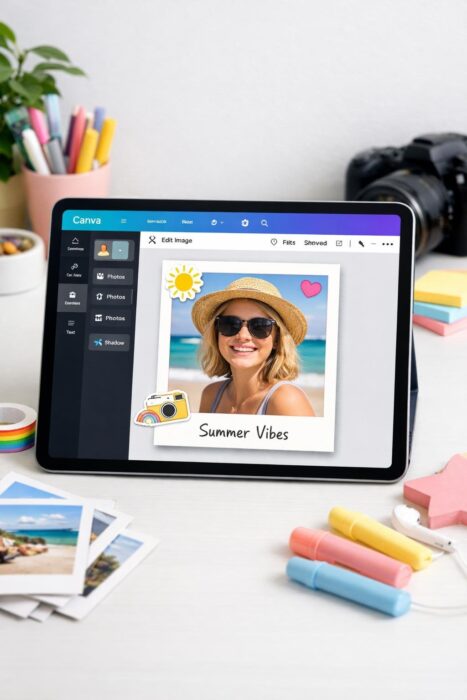 Canva Polaroid frame edit showing a photo, white border, thicker bottom edge, shadow, caption, and stickers.