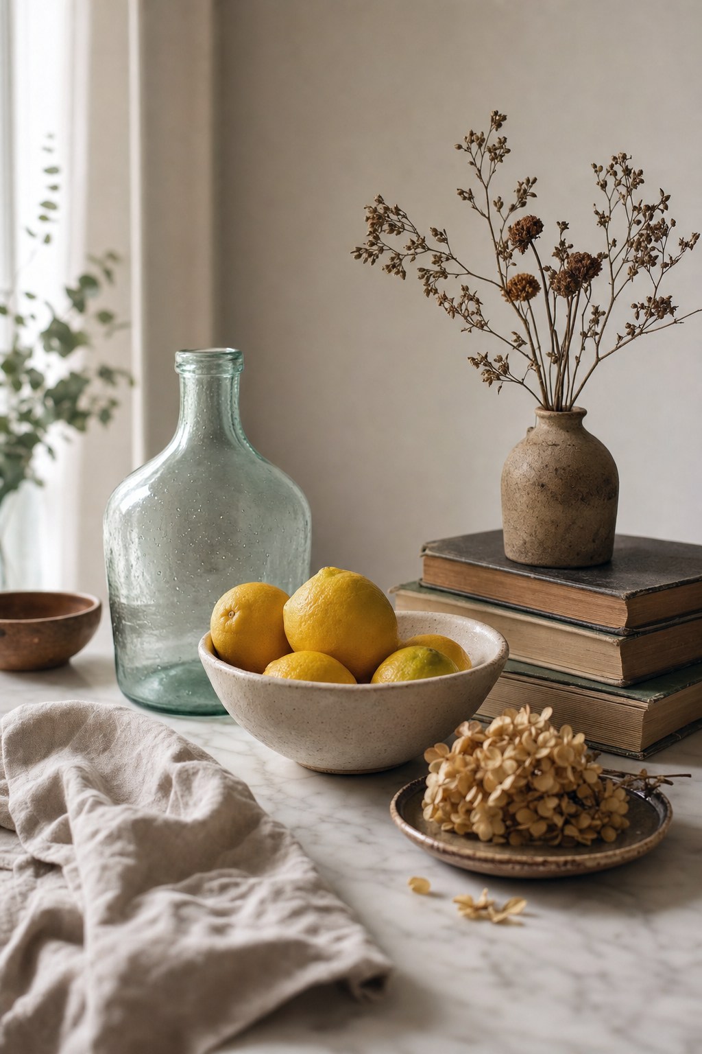 Arrangement of still life photography objects including glass, ceramics, linen, and lemons on marble