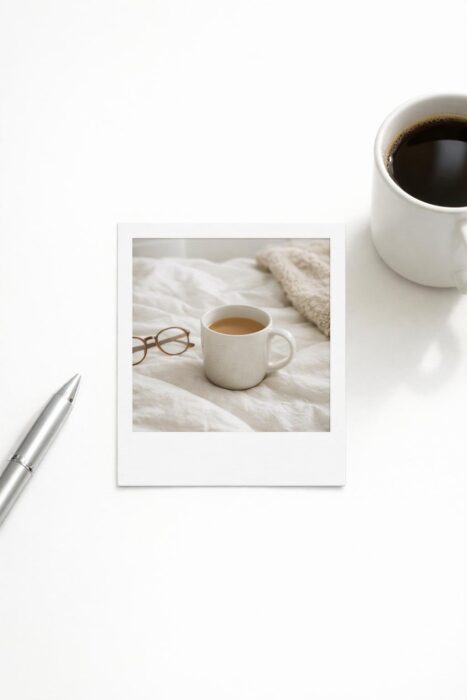 Classic white Polaroid-style frame with a simple photo, clean desk styling, and minimalist aesthetic.