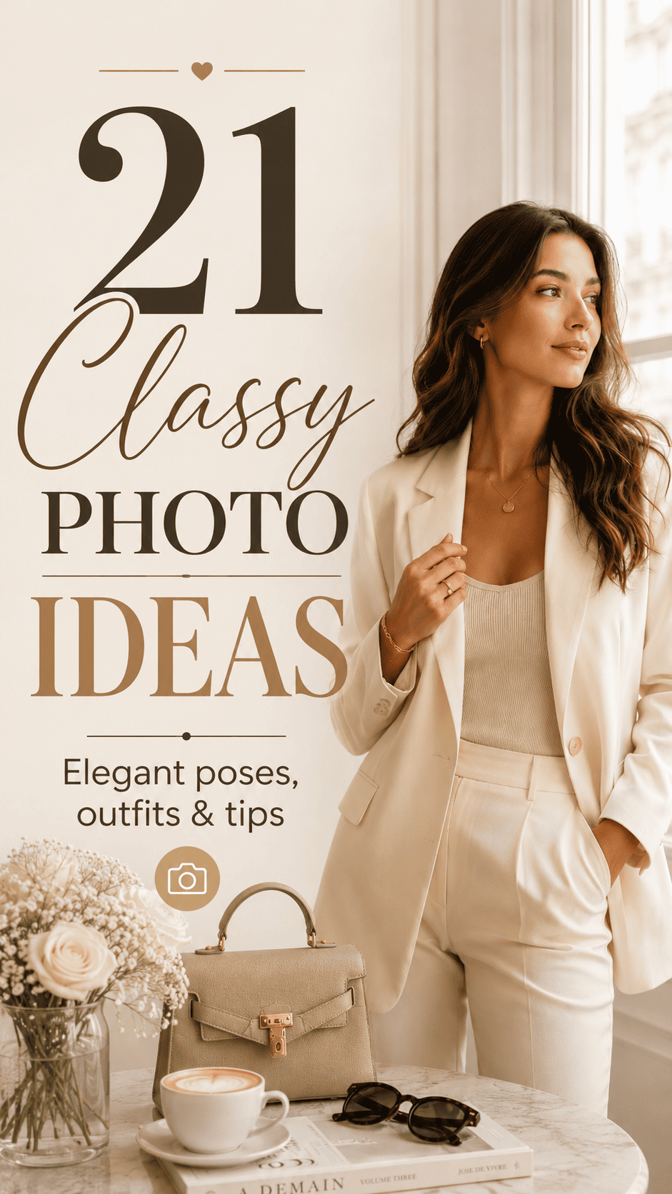 Classy photography ideas illustrated by an elegant women posing in neutral clothing for a photoshoot.
