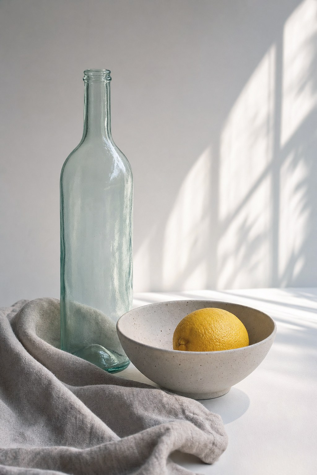 Clean, well-lit still life with three objects showing correct height variation and soft window light