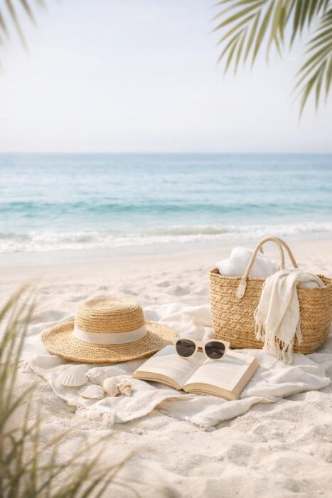Aesthetic beach photo styling with neutral props, soft colors, beach grass, and ocean-inspired details.