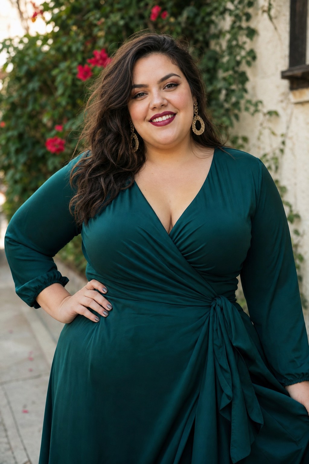 Plus-size woman in jewel-tone wrap dress photographed outdoors with confident joyful expression