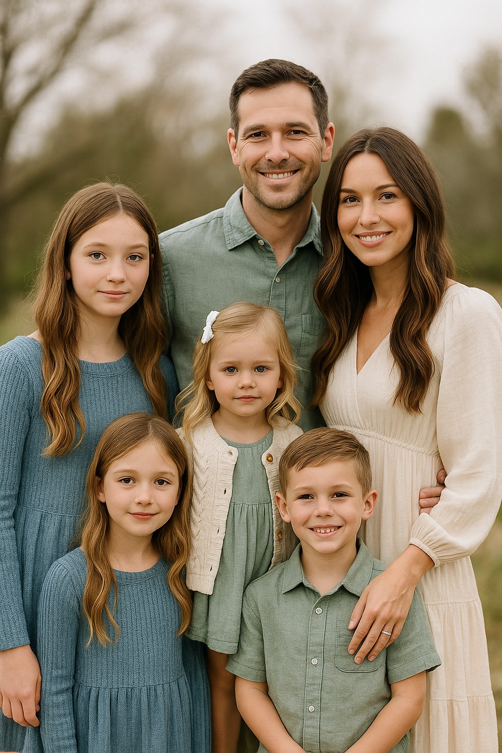 Family in coordinated cream, sage and dusty blue outfits outdoors, family photo color scheme idea