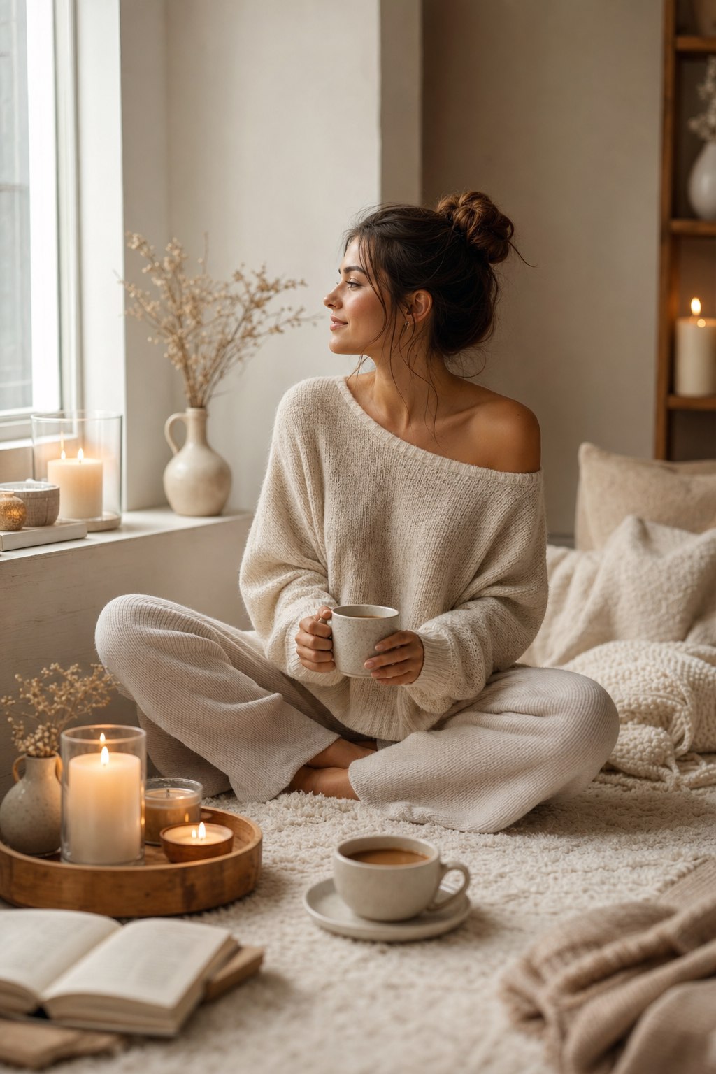 Woman sitting on cream rug with candles and soft light for a cozy indoor birthday photoshoot